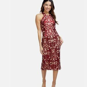 Dress the Population | Burgundy Sequin Damask Halter Midi Dress Size Extra Small